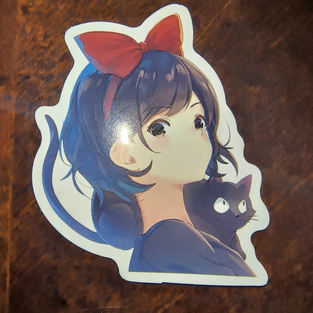 Blue-Haired Anime Cat Sticker with Red Bow Kiki's Delivery Service Studio Ghibli